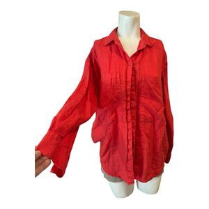 LEFT ON FRIDAY 100% linen Red getaway shirt S/M  Buttondown